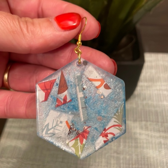 XMAS Handmade Festive Large Holiday Earrings Blue Hexagon - Picture 4 of 10